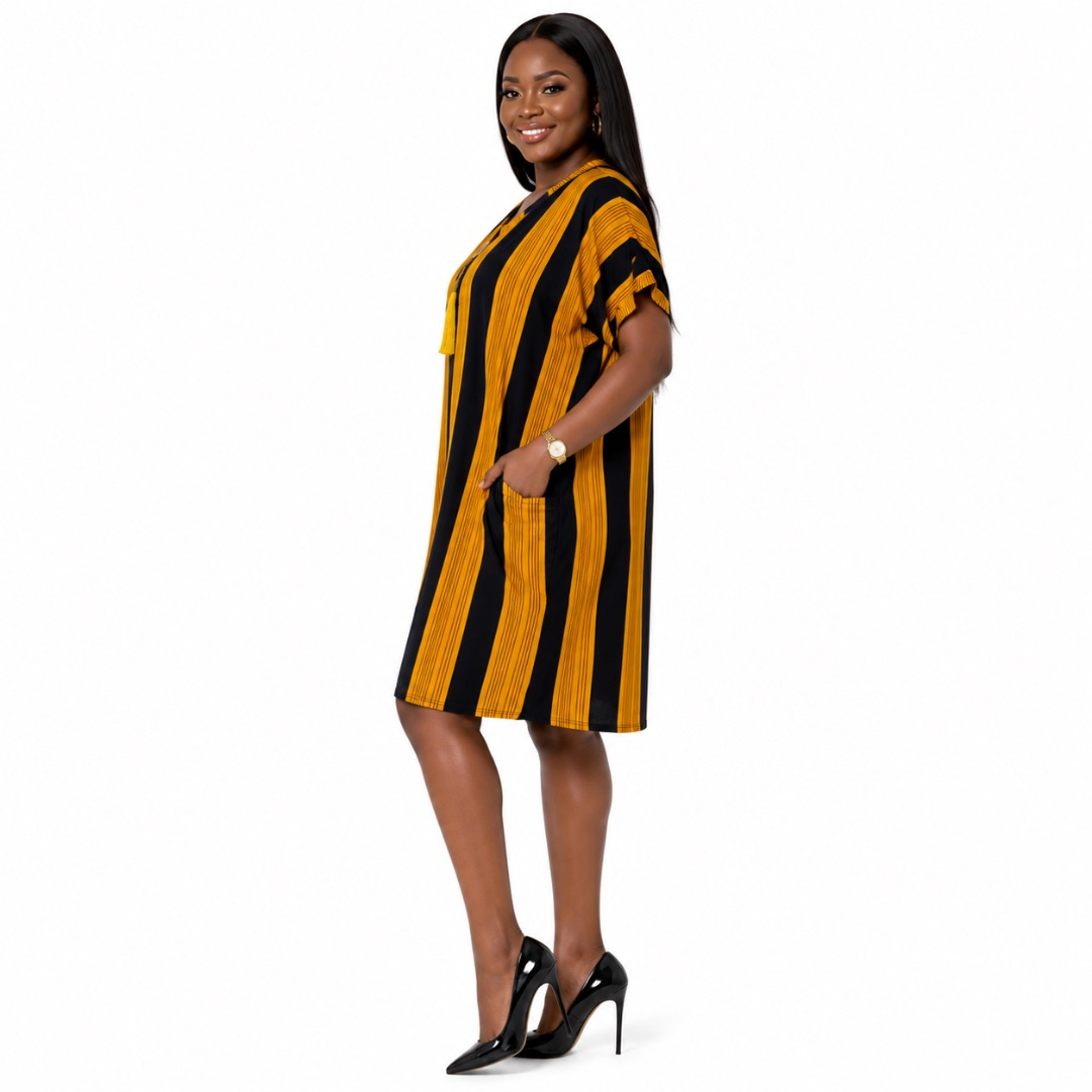 Yellow and Navy Vertical Striped Tunic Dress